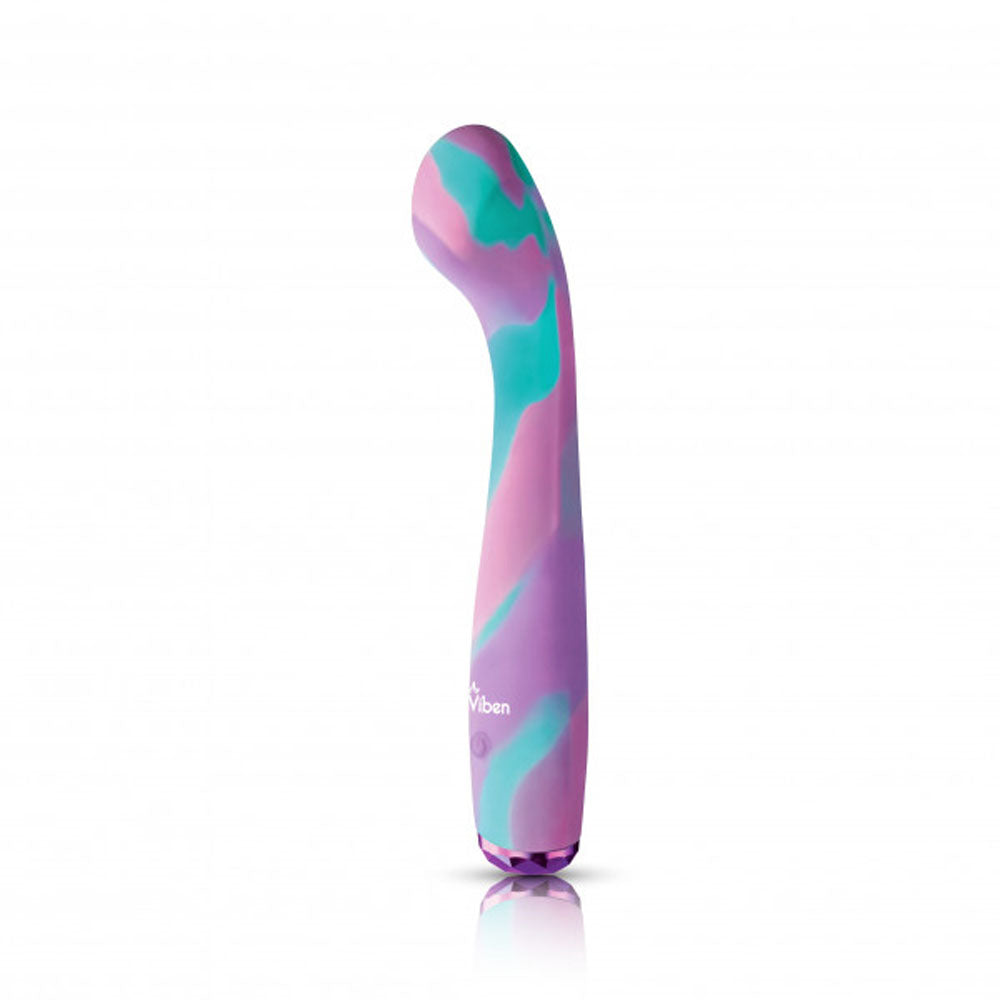 A purple, pink, and teal marbled silicone G-spot massager with a curved head.