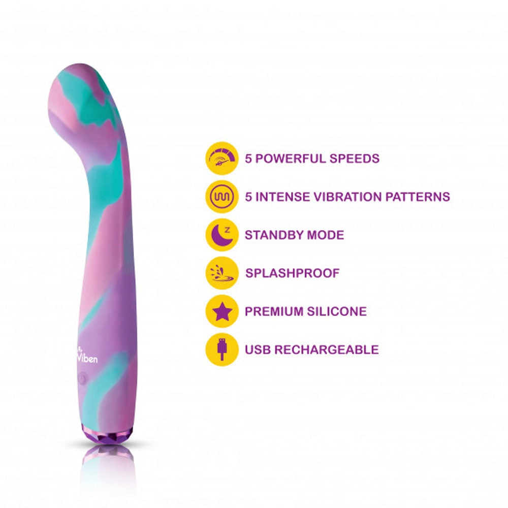 A purple and teal vibrator with features listed.