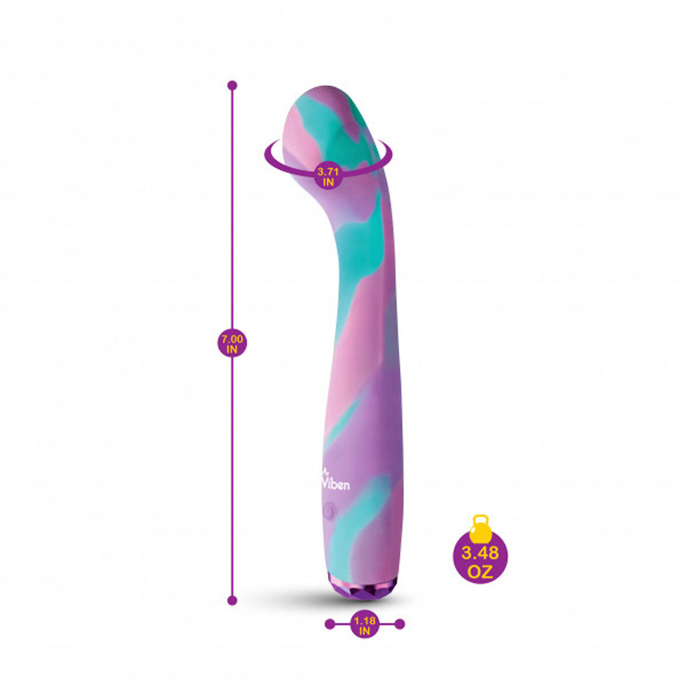 A purple, pink, and teal marbled vibrator with dimensions and weight indicated.