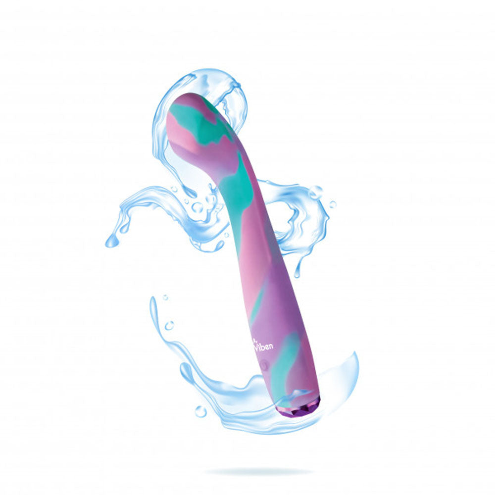 A purple and teal silicone vibrator with water splashes.
