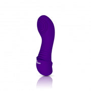 A purple G-spot vibrator with ribbed texture and a logo.