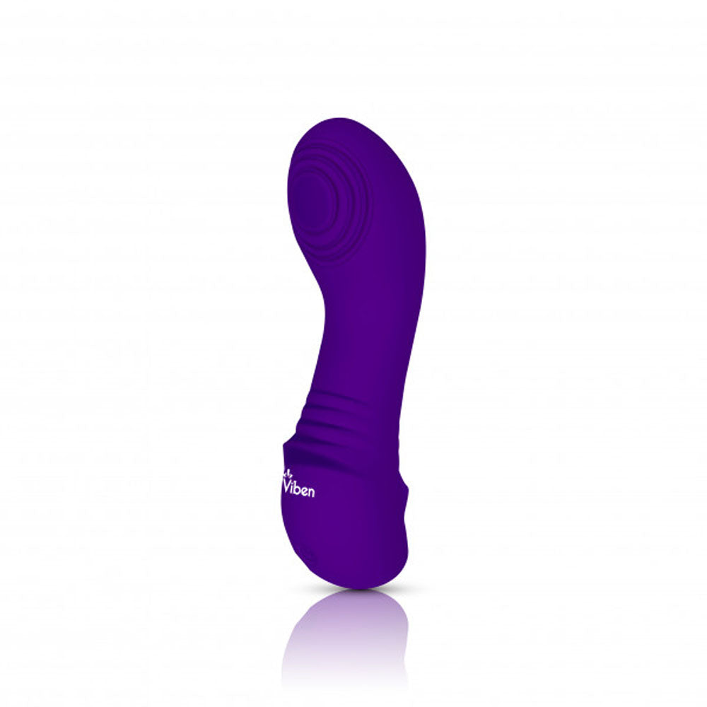 A purple G-spot vibrator with ribbed texture and a logo.