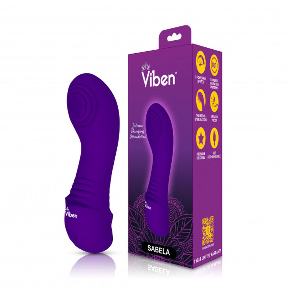 A purple Viben Sebela G-spot vibrator with thumping stimulation on its box.