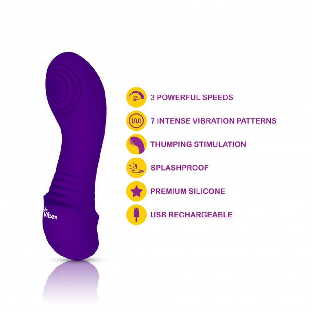 Purple vibrator with features like 3 speeds, 7 patterns, and USB charging.