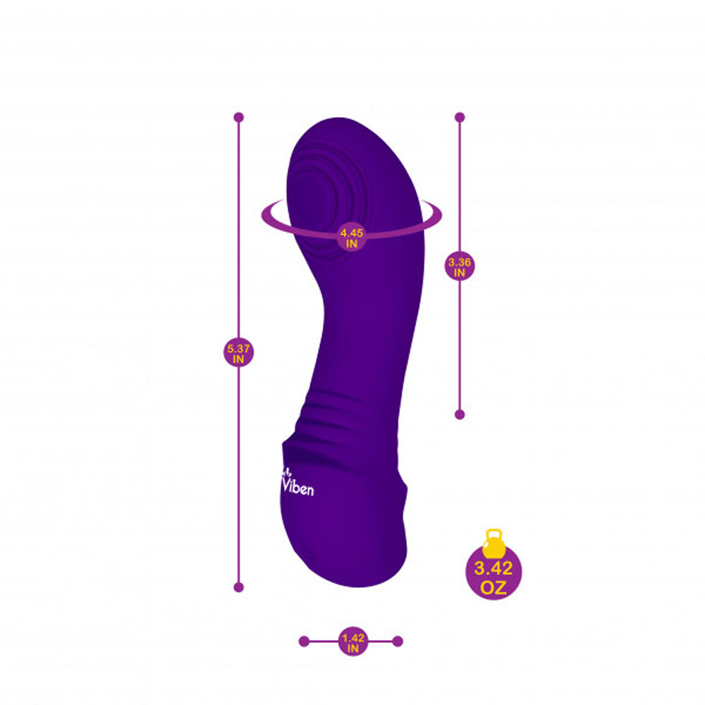 Purple G-spot vibrator with dimensions and weight indicated.