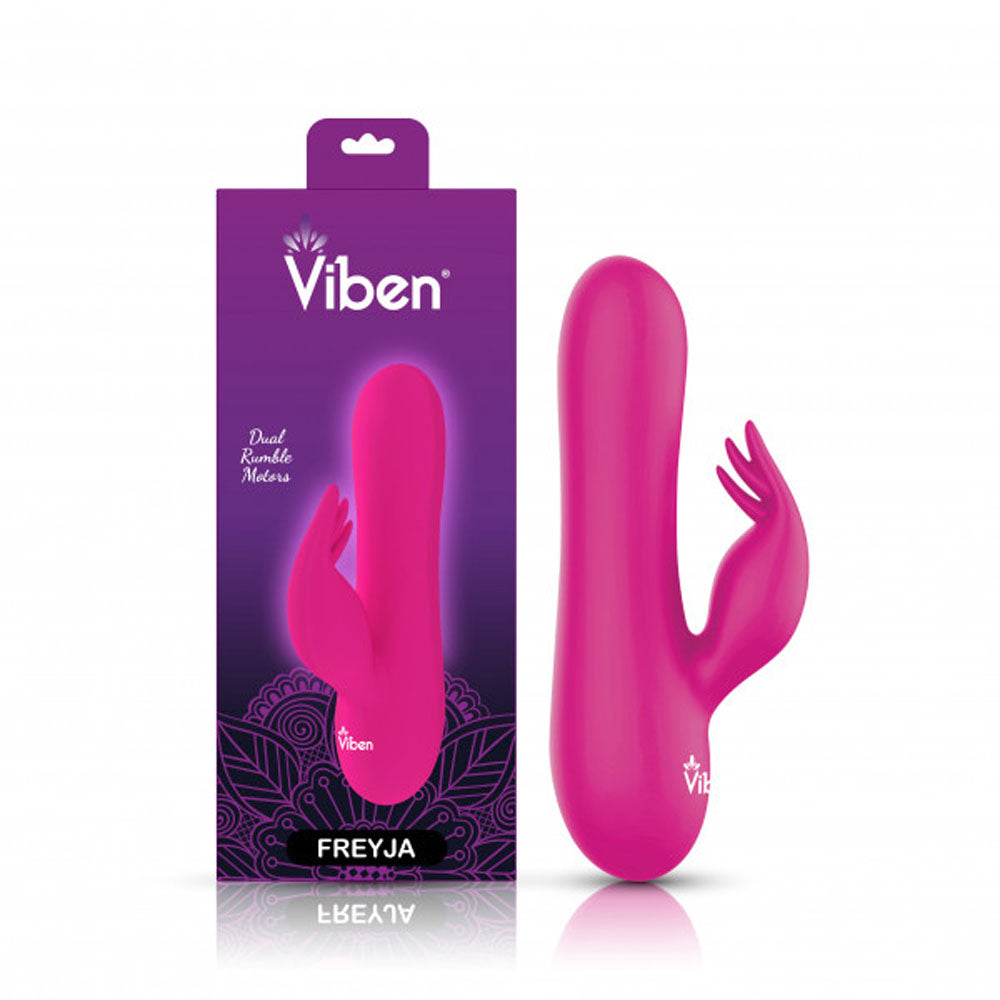 Pink Viben Freyja rabbit vibrator with dual motors and triple ticklers.