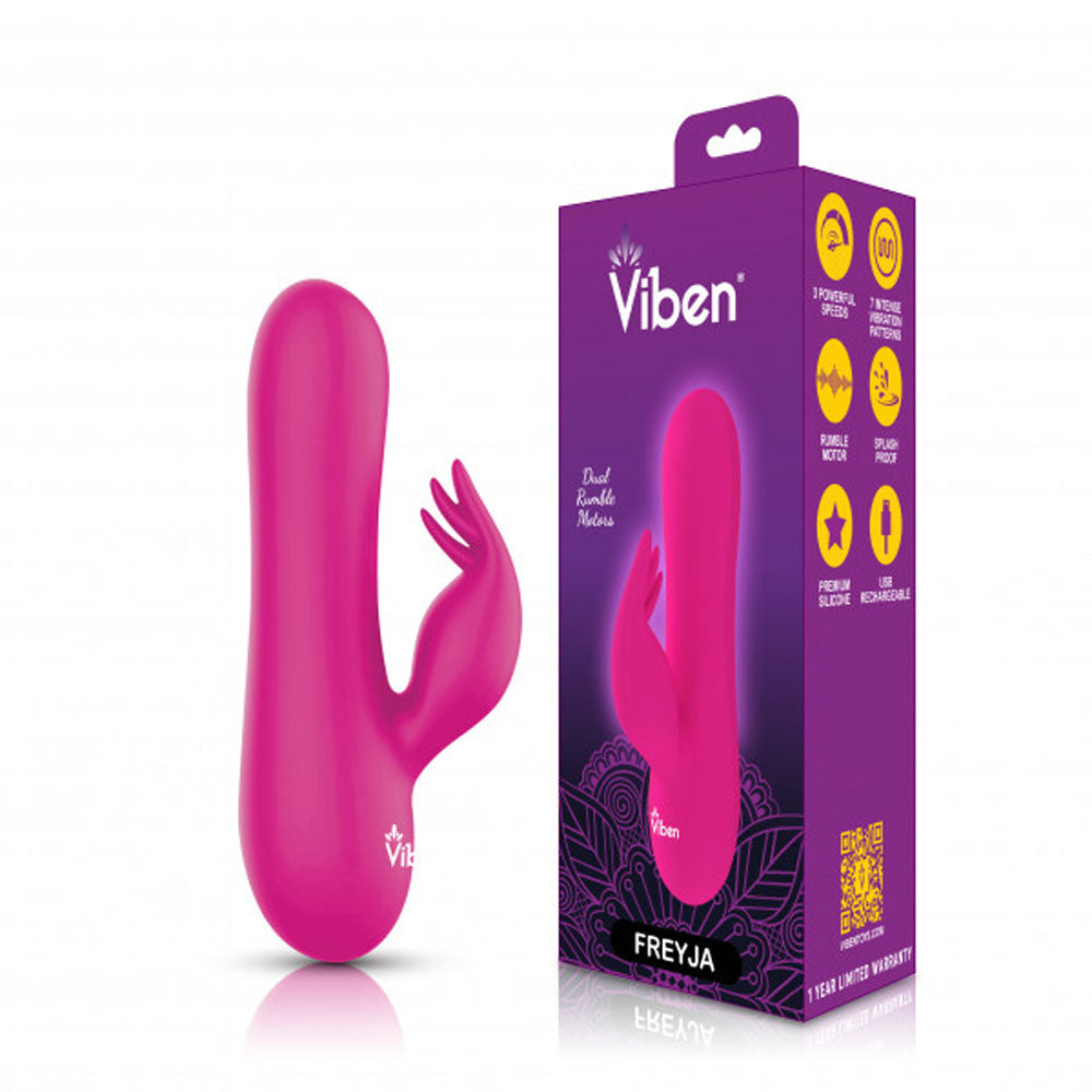 Pink Viben Freyja G-spot rabbit vibrator with dual motors and splashproof design.