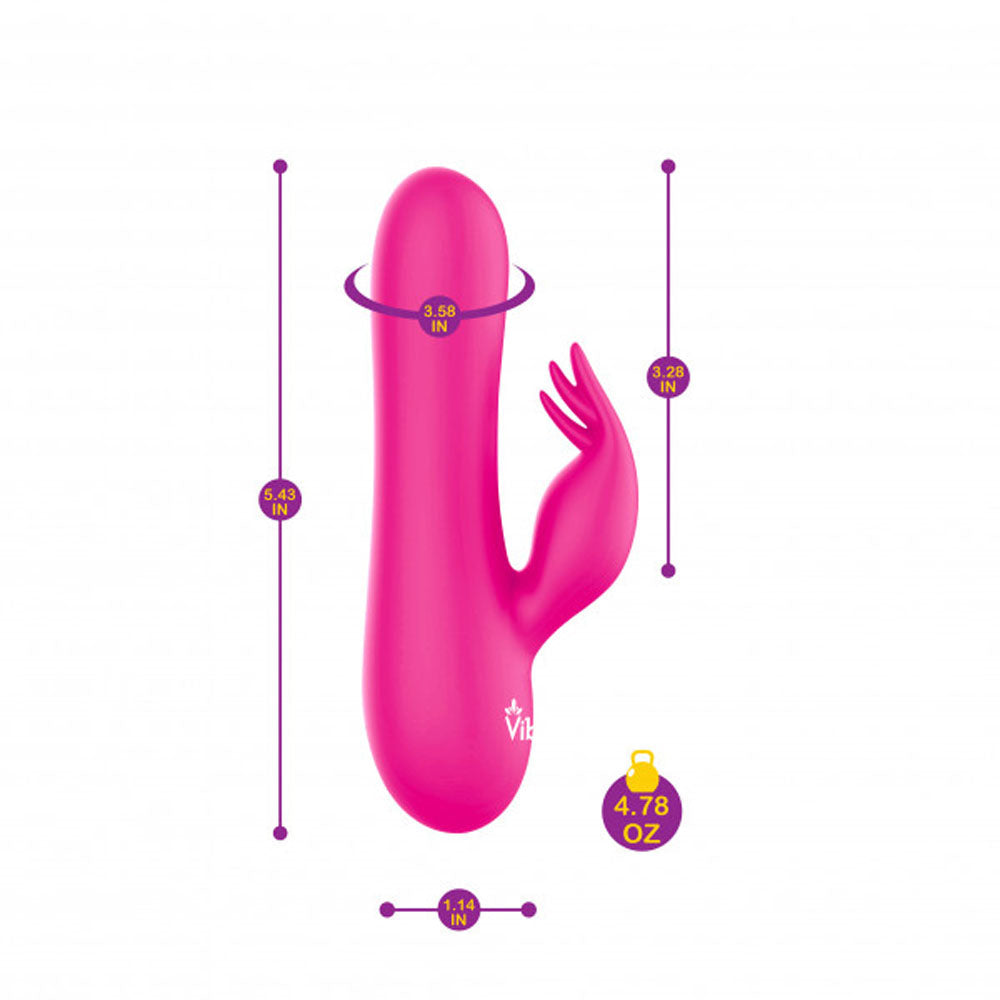 A pink rabbit vibrator with dimensions and weight indicated.