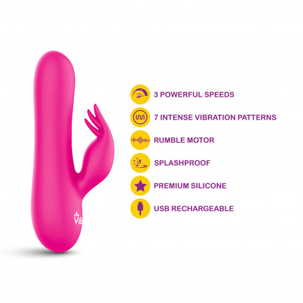 Pink silicone rabbit vibrator with features listed.