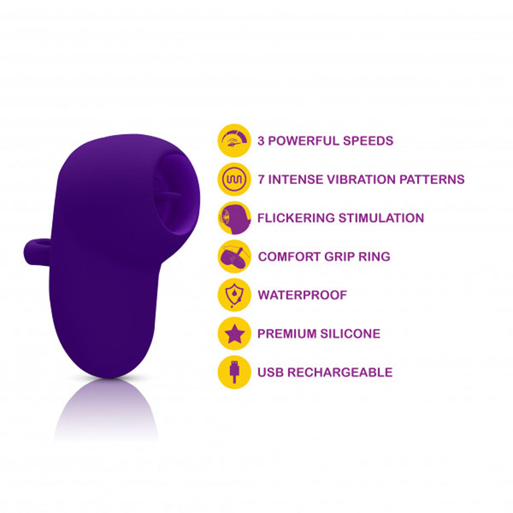 A purple finger vibrator with features like 3 speeds, 7 patterns, and waterproof design.