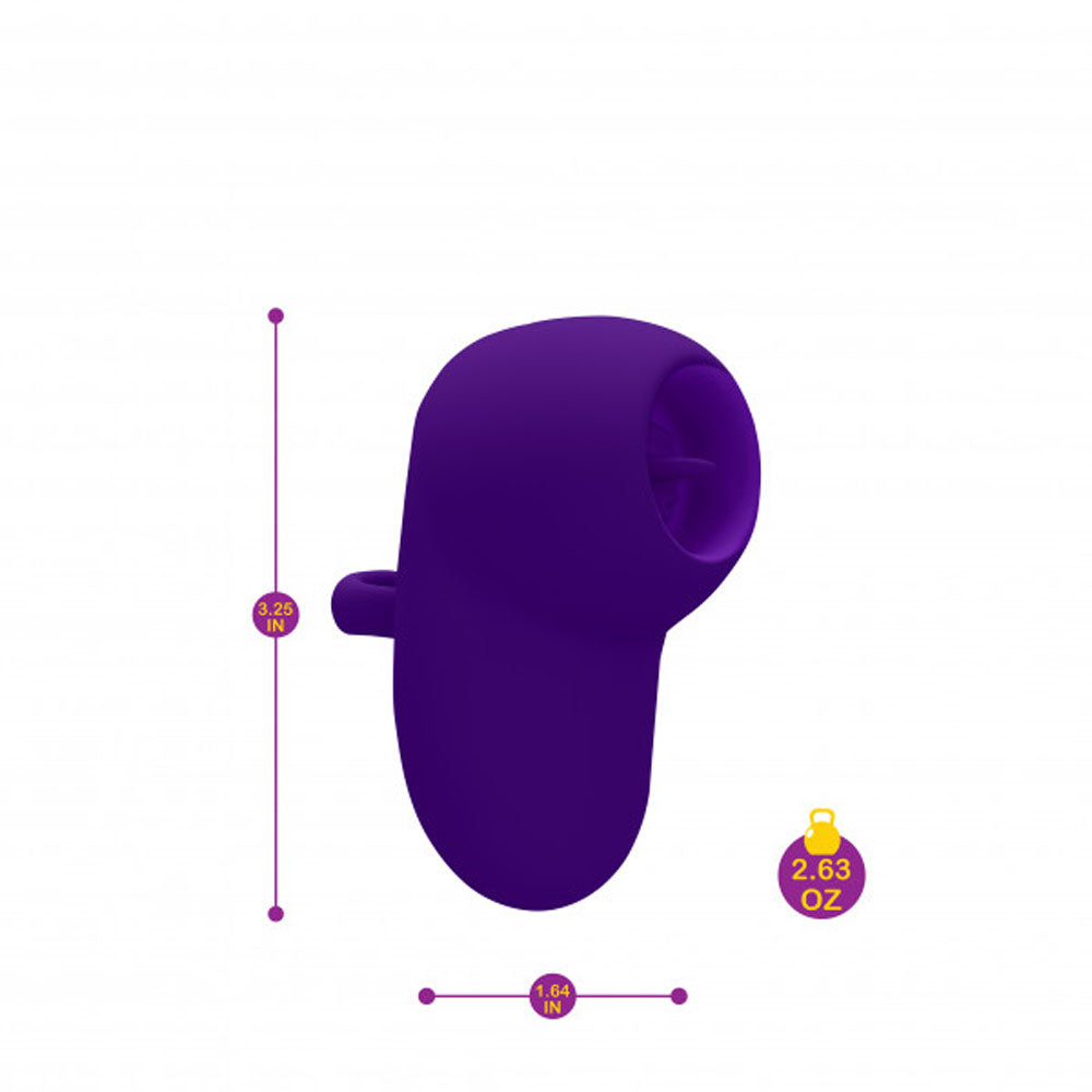 Purple flickering finger vibrator with dimensions and weight indicated.