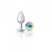 Small silver metal anal plug with a clear iridescent gemstone.
