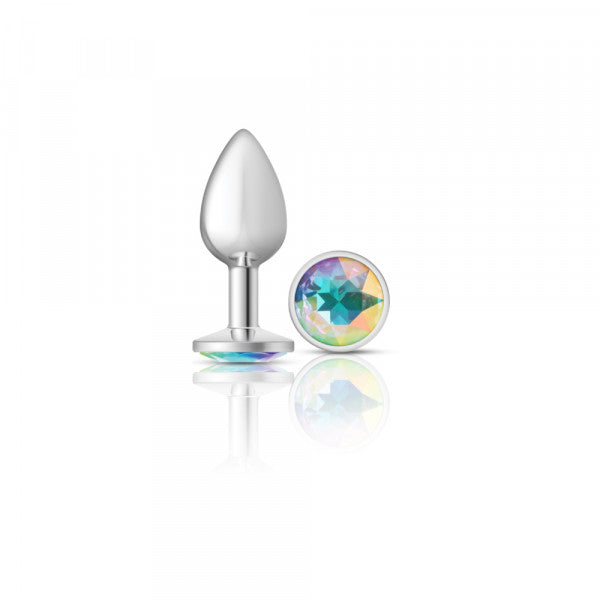 Small silver metal anal plug with a clear iridescent gemstone.