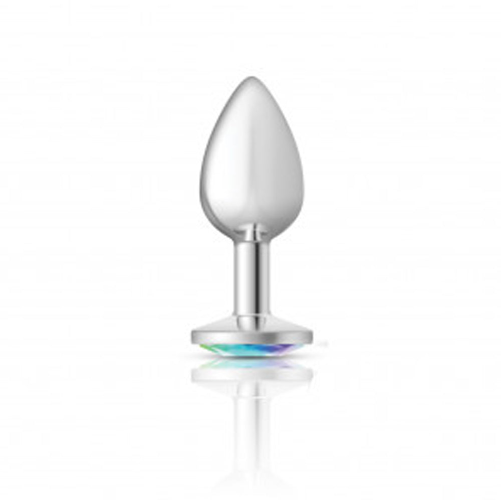 Small silver metal anal plug with a clear iridescent gemstone.