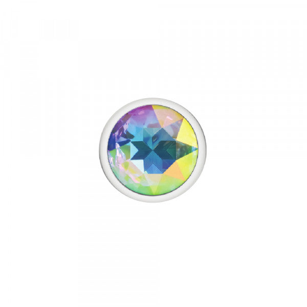 Small silver metal anal plug with a clear iridescent gemstone.