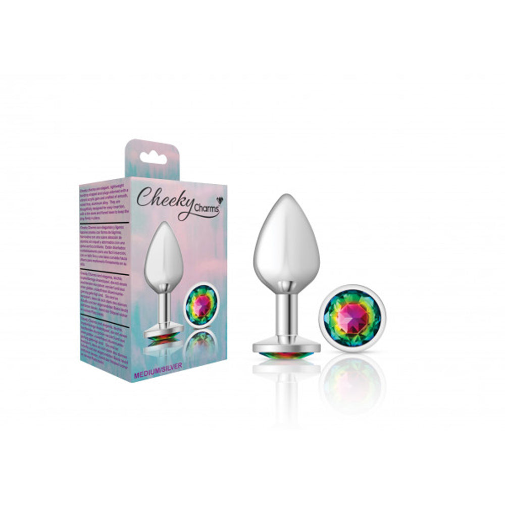 Medium teardrop metal anal plug with a rainbow gemstone.
