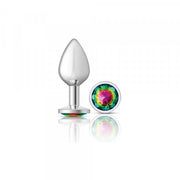 Medium teardrop metal anal plug with a rainbow gemstone accent.