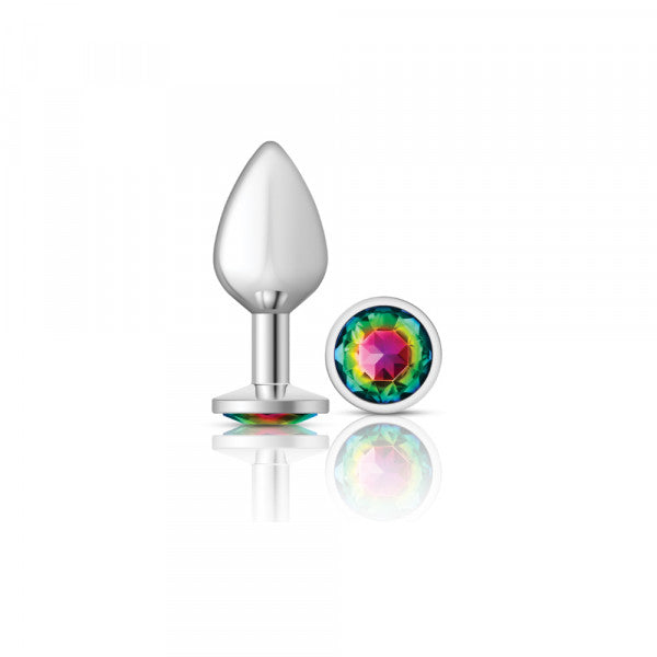 Medium teardrop metal anal plug with a rainbow gemstone accent.
