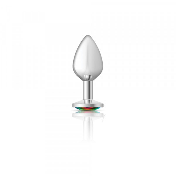Silver teardrop anal plug with a rainbow gemstone base.