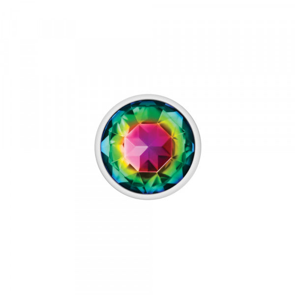 Medium teardrop metal anal plug with a rainbow gemstone.