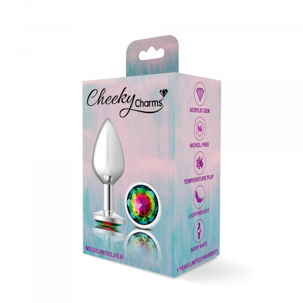 Medium teardrop metal anal plug with a rainbow gemstone on a Viben Toys box.