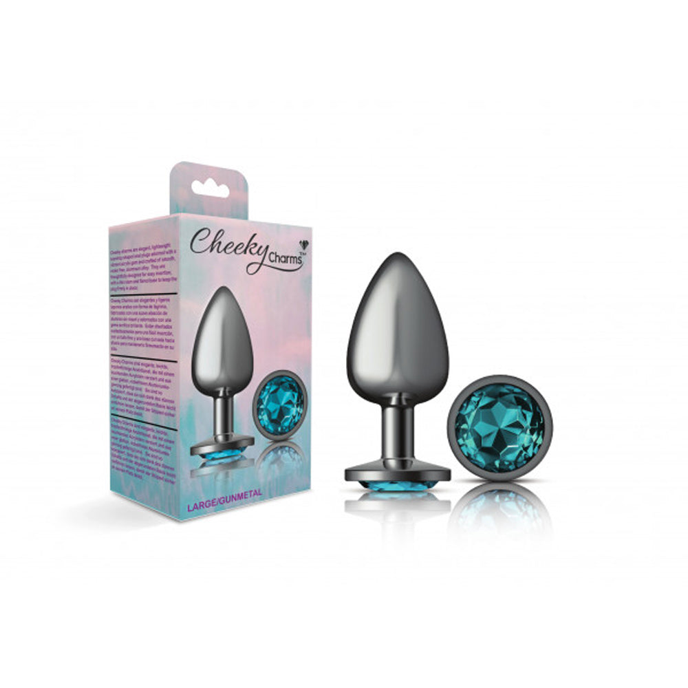Teardrop metal anal plug with teal gemstone.