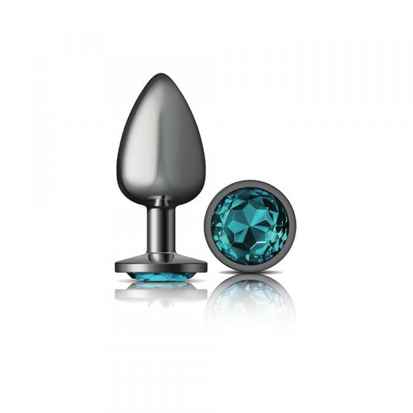 Teardrop metal anal plug with a teal gemstone.