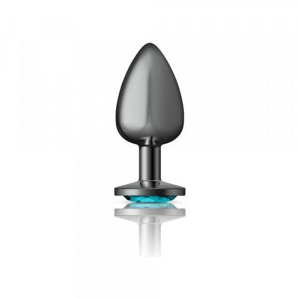 Teardrop metal anal plug with a teal gemstone.