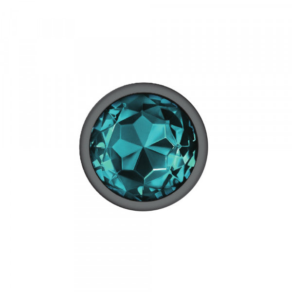 Teardrop metal anal plug with a teal gemstone.