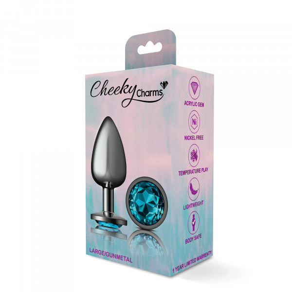 Teardrop metal anal plug with teal gemstone.