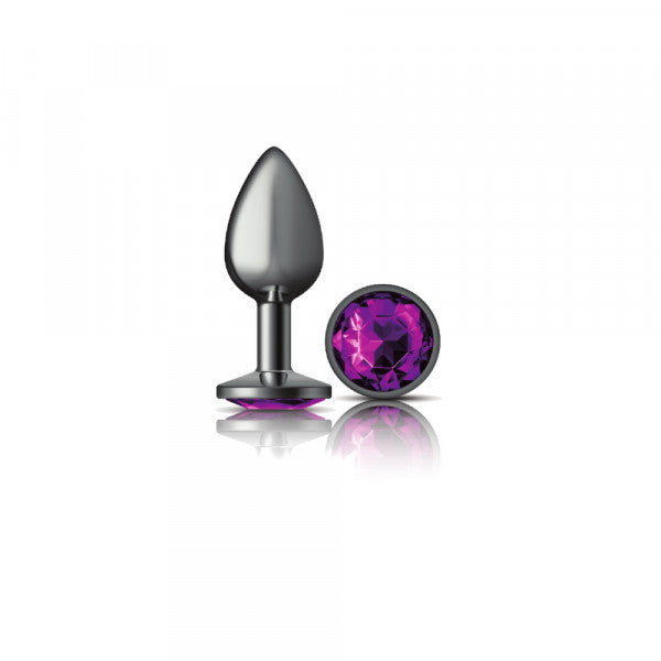 Small metal anal plug with a purple gemstone.
