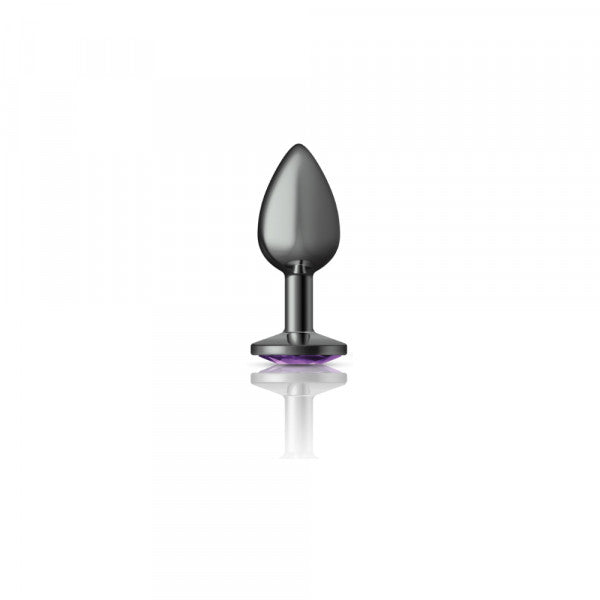 Small metal anal plug with a purple gemstone accent.