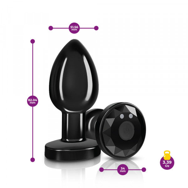 Black metal anal plug with a remote control and measurement indicators.