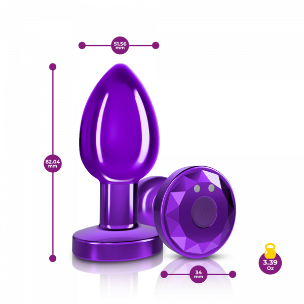 Purple metal anal plug with remote control, 82.04mm length and 51.56mm width.