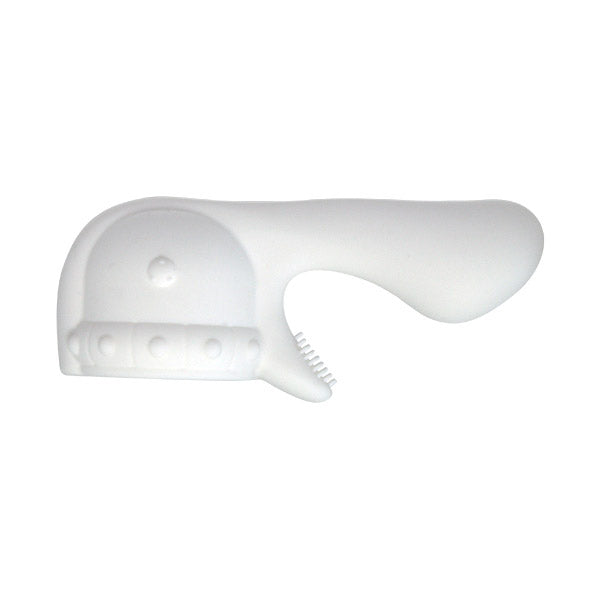 White silicone attachment with textured nubs and a curved handle.