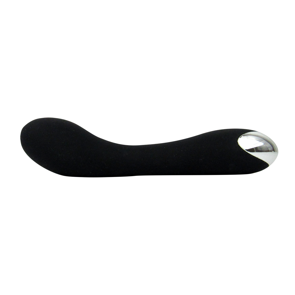 Curved black silicone G-spot vibe with a silver tip.