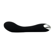 Curved black silicone G-spot vibe with a silver tip.