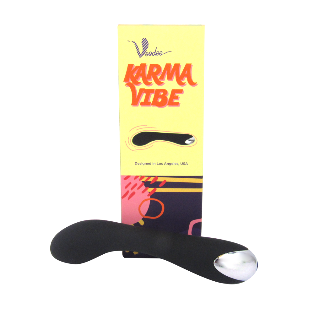A black G-spot vibe with a silver tip on a yellow and purple box.