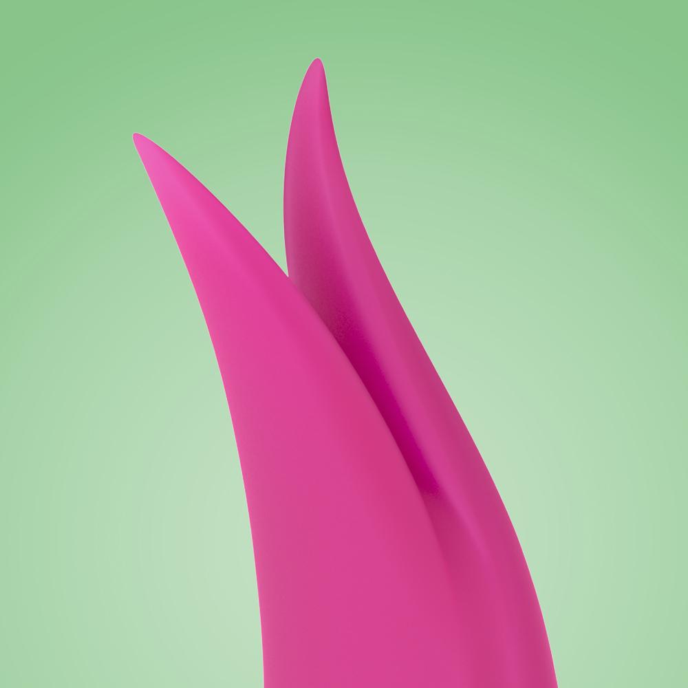 Pink clitoral vibrator with tapping tips against a light green background.