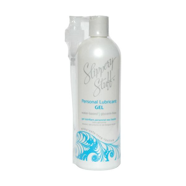 Slippery Stuff water-based personal lubricant gel in a white bottle.