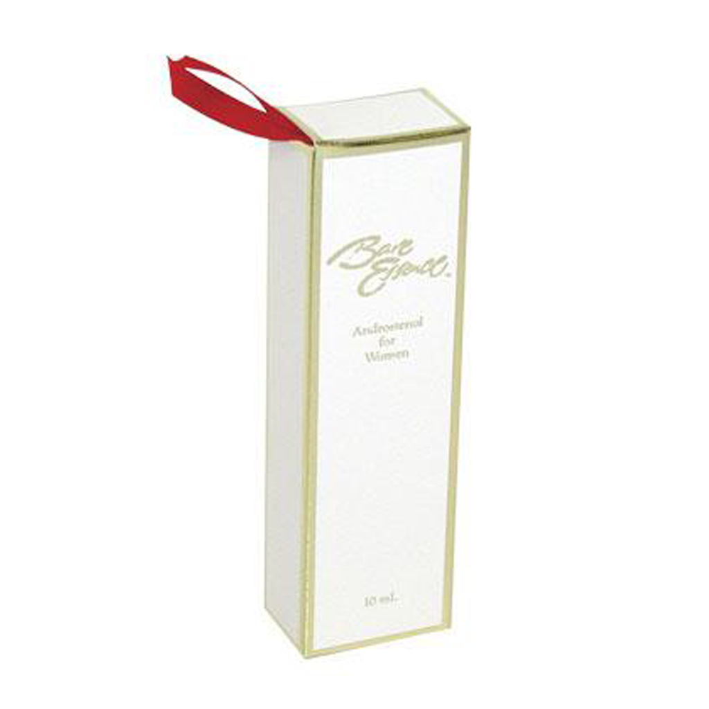 White box with gold trim and red ribbon, labeled "Bare Essence Androstenol for Women 10ml".