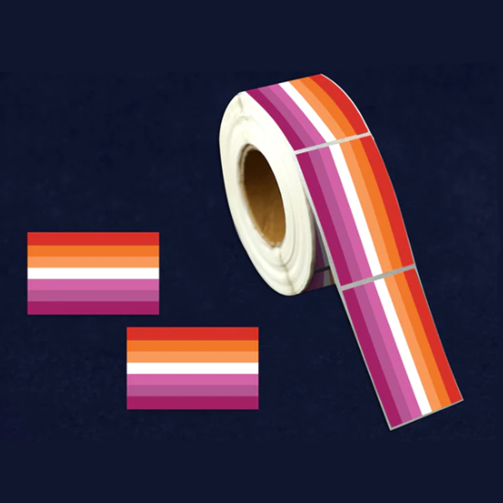 Roll of Lesbian Sunset flag stickers with two individual stickers shown.