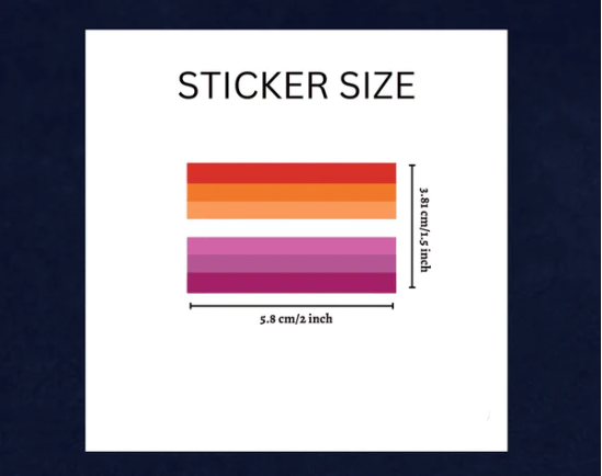 Lesbian sunset flag stickers with dimensions shown.
