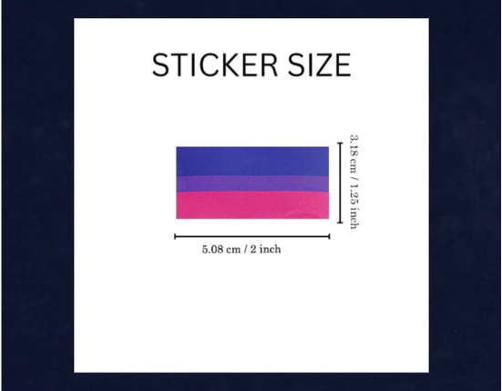Bisexual pride flag rectangle sticker with dimensions shown.