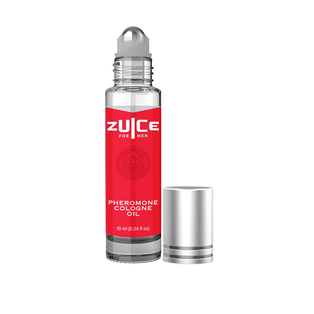 Zuice pheromone cologne oil roll-on for men with a red label.