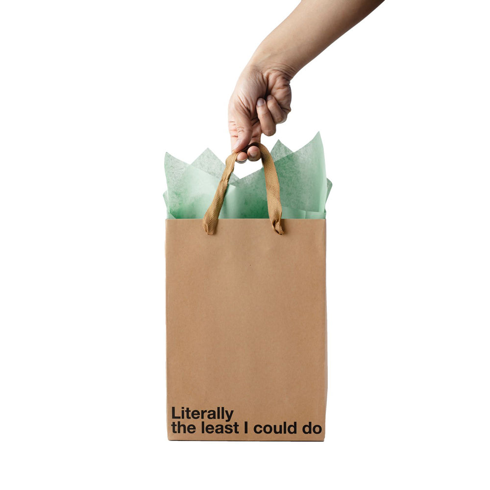 A hand holds a kraft gift bag with "Literally the least I could do" printed on it.