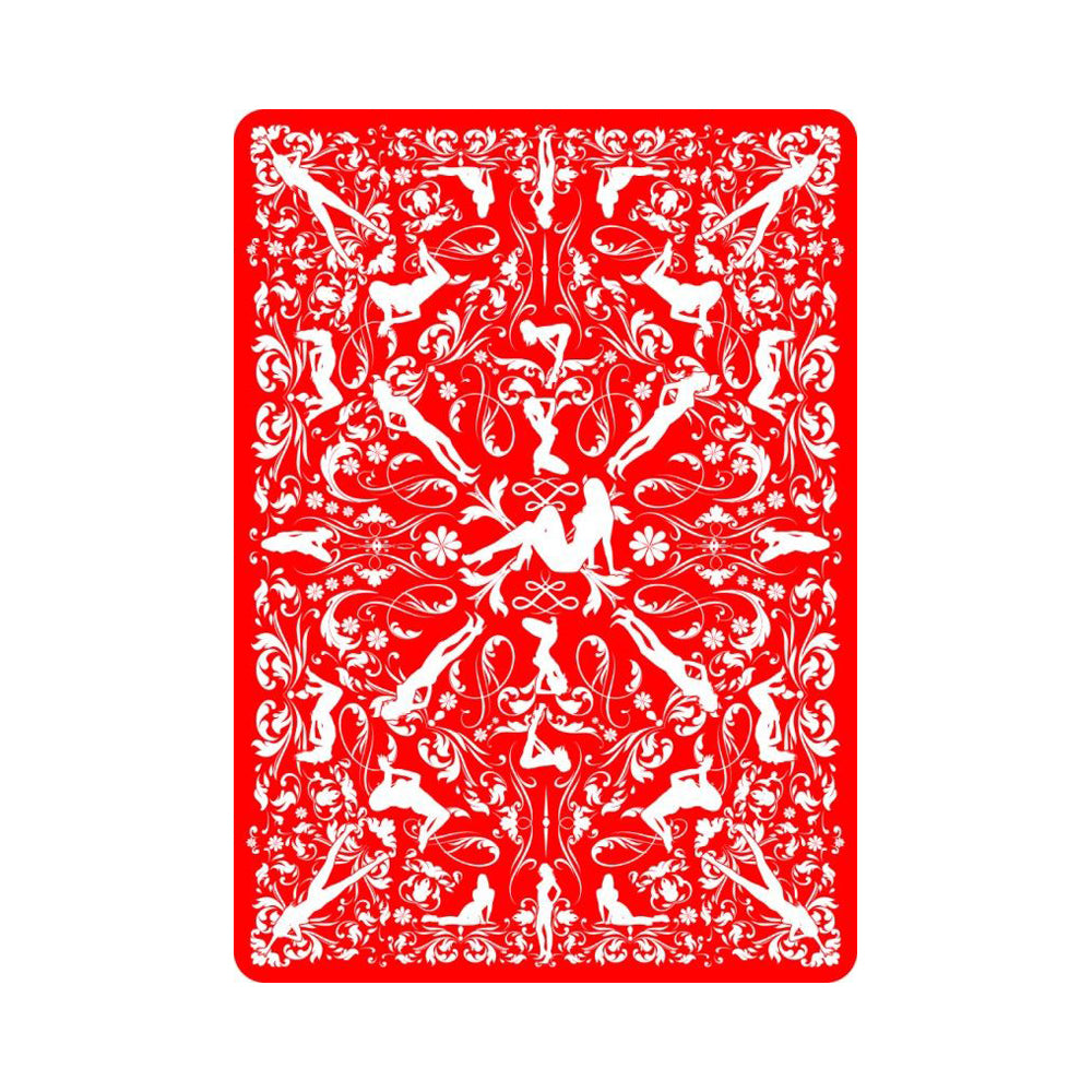 Red playing card back with white silhouette figures and floral patterns.