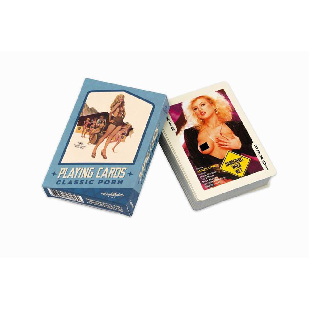 A deck of "Classic Porn" playing cards with a blue box and a Joker card featuring Amber Lynn.