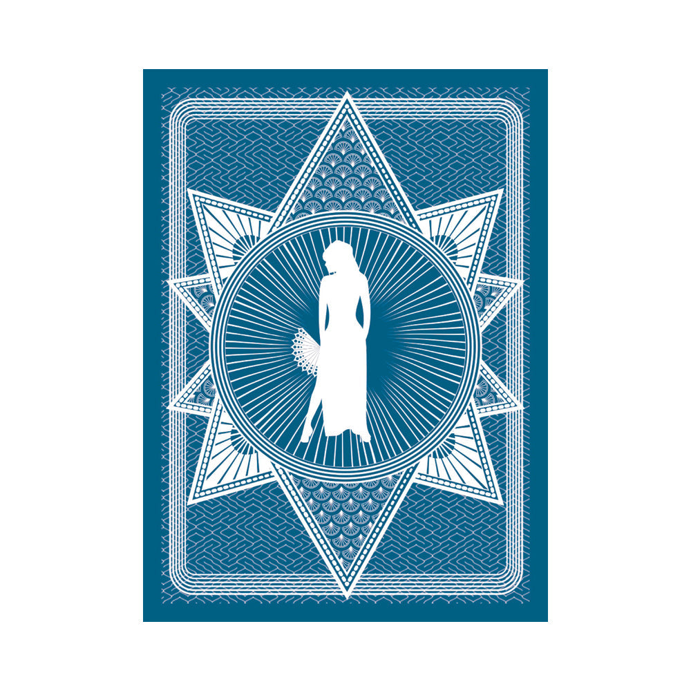 A blue playing card back design featuring a white silhouette of a woman holding a fan.