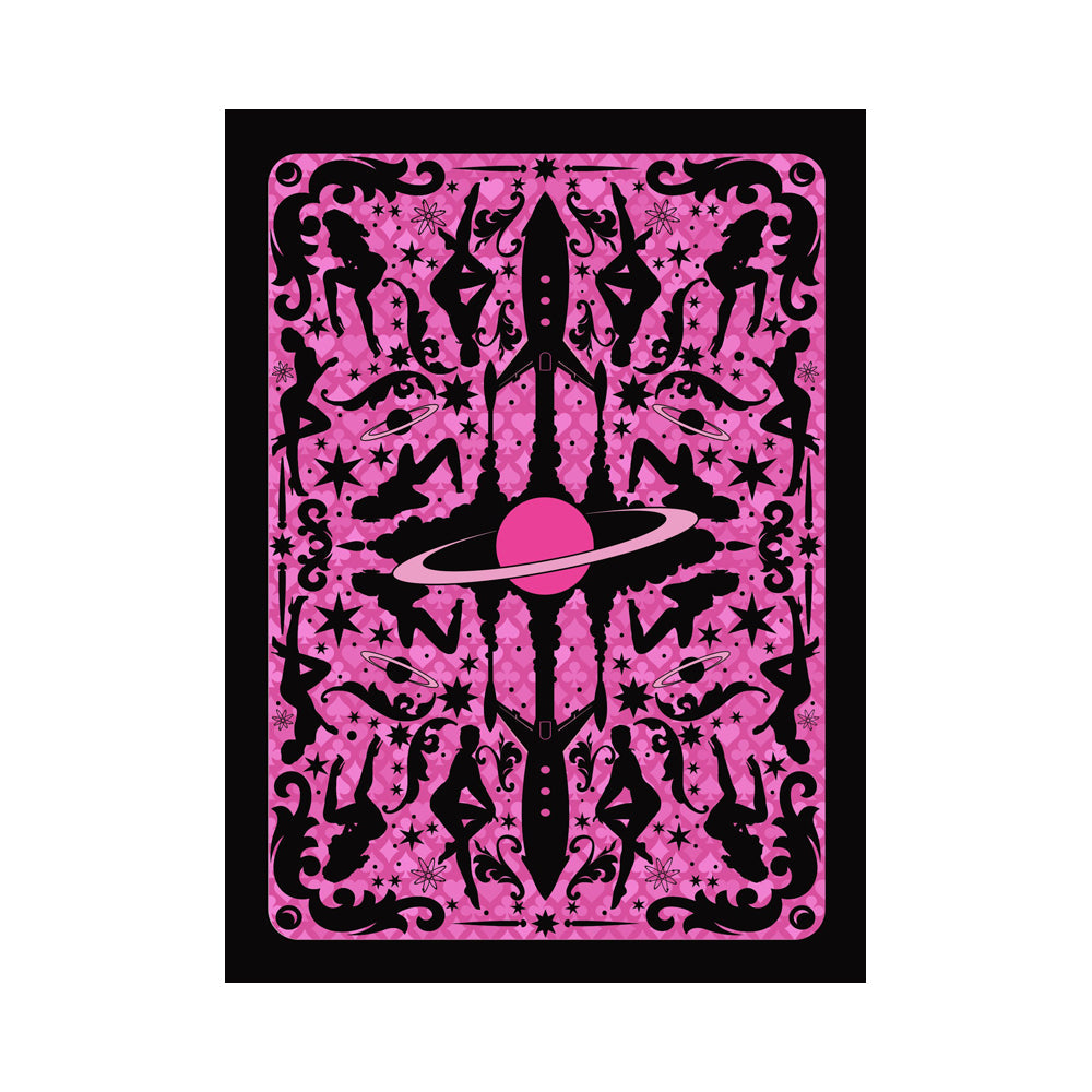 Pink playing card back with black silhouettes of rockets, planets, and figures.